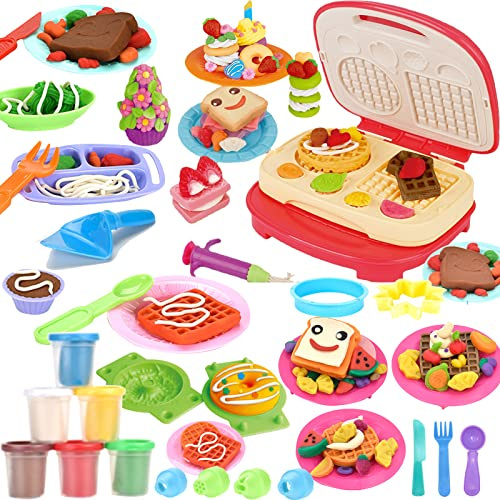 OTONOPI Dough Play Set Colour Dough Sets for Kids Kitchen Creations Waffle Maker Food Cooking Reusable Clay and Accessories Tools Kits Playset Gifts Toys Art Craft Party Pack of 32pcs