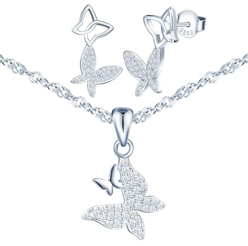 CPSLOVE Moda Juego de Joyería de Plata 925 para Mujer Elegante Collare Colgante y Pendientes de Mariposa Doble con Circonitas Creativo Set de joyas de Circón para Niña