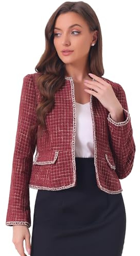 Allegra K Disfraz de Halloween Blazer de Tweed a Cuadros para Mujer, Manga Larga, Parte Delantera Abierta, Trabajo, Oficina, Chaqueta Corta Borgoña M