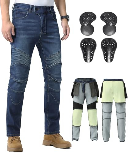 CTBQiTom Jeans da Moto per Uomo con Fibra Aramidica e Protezione CE, Denim Elastico per Un Miglior Comfort,Blu,3XL=42W/31L
