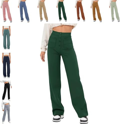 QingxingFa Pantalon Décontracté Taille Haute Extensible pour Femme, Pantalon Droit Taille Haute À Poches Multiples (Grand,Vert foncé)