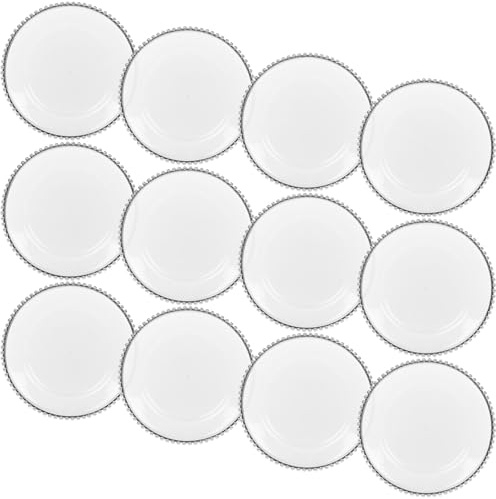 URBNLIVING 32cm Width 12 Pcs Clear Charger Silver Rim Acrylic Round Serving Plates Set with Metallic Beaded Colored Rim Party Banquets Table for Christmas Halloween Wedding Catering Event Decoration