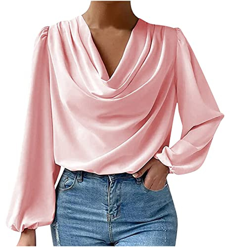 T-Shirt Femme Drapé à Col en V Haut Couleur Unie Mousseline Tee Shirt Manches Lanternes T Shirt Manches Longues Pull Chic Et Élégant Tshirt Coupe Printemps Tunique