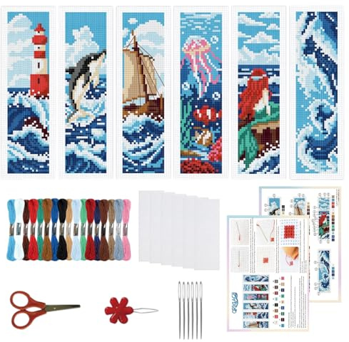 ORIGACH Kit de 6 marque-pages au point de croix vagues de l'océan | avec instructions pour débutants - Kit de bricolage imprimé au point de croix pour les amateurs de