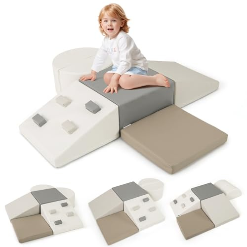 COSTWAY Set di 6 Blocchi di Schiuma per Arrampicata per Bambini, Blocchi in Schiuma per Arrampicarsi e Strisciare, Costruzione Mattoncini Morbidi per Bambini 12+ Mesi (Bianco e Grigio)