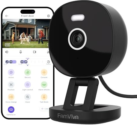 FAMVIVA 2K Security Camera Wired, Outdoor/Indoor for Home, Pet, Baby, Nanny, IP65 Waterproof Color Night Vision, White Light & Siren, Recording, Motion Detection, Works with Alexa, 2.4GHz WiFi, Black