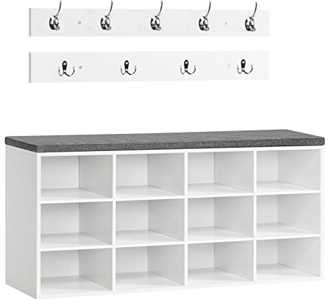 HOOBRO Shoe Storage Bench with Cushion and Coat Hooks, Shoe Rack Bench with Padded Seat, 100 cm Coat Rack for Hallway, 12 Compartments, Storage Cabinet for Bedroom, Living Room, White EWT121RHX01
