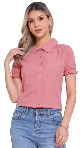 Allegra K Women's Peter Pan Collar Shirt Cotton Vintage Short Sleeve Button Down Shirt Dark Pink L