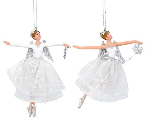 Gisela Graham Silver Dancing Fairy Christmas Decoration, Set of 2, Festive Hanging Fairy Figures