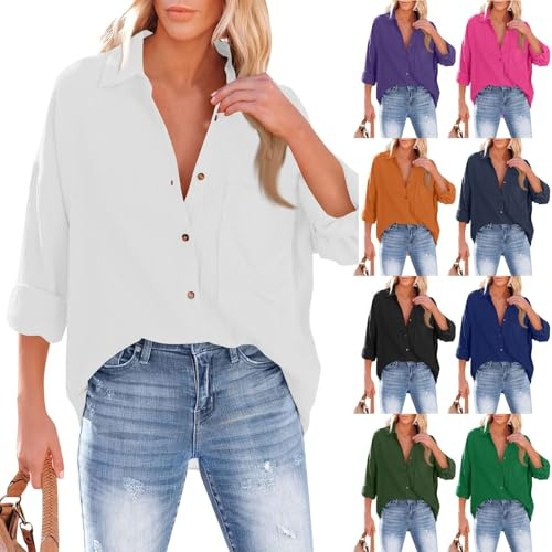 Chemisier Lin Femme Manches Longues Col V Boutons et Poches Chemise Gaze de Coton Blouse Femme Chic et élégant Tunique Lin Grande Taille Lâche Respirant Haut Ete, Blanc, 3XL