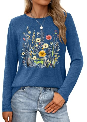 tiorhooe Maglietta a maniche lunghe da donna con stampa floreale Camicie Donna Vintage Girocollo Grafica Blusa Top, Blu 1, XXL