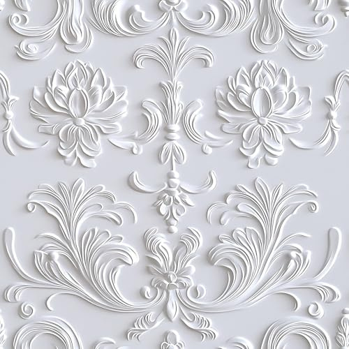 PODUFF White Damask Wallpaper – Baroque Peel and Stick Wallpaper for Accent Walls, Living Room & Bedroom Decor | Self Adhesive, Waterproof Vinyl, 17.7 x 236