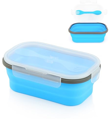 Hiuyavy Lunch Box, 1000ml Bento Lunch Box for Adults and Kids, Stackable Packed Lunch Boxes, Collapsible Food Storage Containers with Cutlery Microwave Safe(Blue)