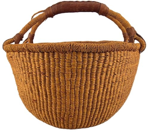 Cesto Rotondo Bolga medio circa Ø 30 x 30 cm – Artigianale dal Ghana – Fair Trade – Cesto per la spesa con Manico in Pelle – Arancia