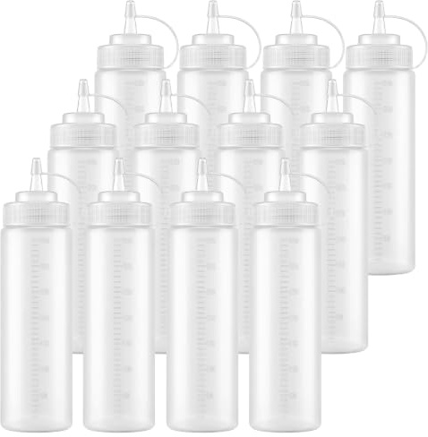 Bekith 12 pack 12 Oz Plastic Squeeze Condiment Bottles with Twist On Cap Lids and Discrete Measurements, Wide Mouth Empty Squirt Bottle For Sauce, Ketchup, BBQ, Dressing, Paint