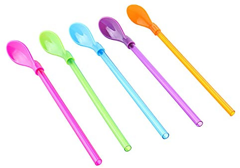5 PCS Drinking Straws Spoon Plastic Straws Colored Straws for Smoothie Milkshake Cocktail and Hot Drinks Multi-Color