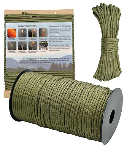 PSKOOK 550 paracord 100 m, 31 m, 15 m rep 9 + 1 tråd med fiskelina dragkraft räddningsrep tältrep för utomhusvandringar camping gör-det-själv halsband armband hantverk tillverkning (15 m, armégrön)