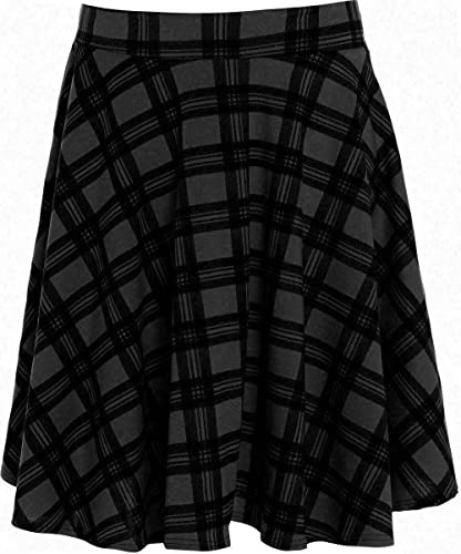 Gonna da donna elasticizzata morbida e elasticizzata al ginocchio, lunghezza al ginocchio, stile fla, stile skater, Tartan nero., 44