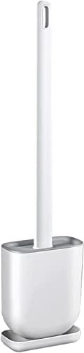 Straame Silicone Toilet Brush and Holder Set with No-Slip Long Plastic Handle & Soft Flexible Bristles - Base for Anti-Drip - Wall Mounted Brush - Deep Cleaning (White 1 Pack)
