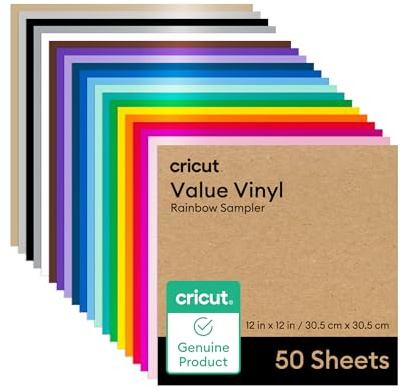 Cricut Value Vinyl | 50 Sheets | 30.5 cm x 30.5 cm (12 x 12) | Self Adhesive Permanent Vinyl for All Cricut Cutting Machines | Variety Pack