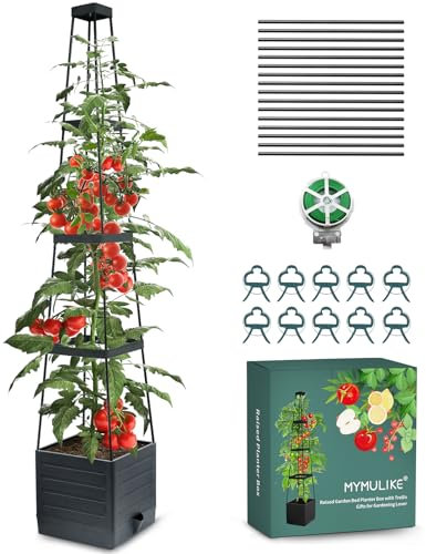 MYMULIKE Jardinière surélevée avec treillis, cage à tomates, lit de jardin surélevé avec treillis pour grimper, légumes, plantes, cage à tomates avec arrosage automatique, 25 x 25 x 150 cm (1, noir)