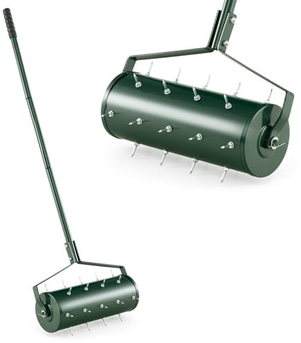 GOPLUS Aireador de césped, escarificador manual con mango y clavos de 3,4 cm, aireador rodante, escarificador manual, aireador de suelo para jardín, patio, terraza (45 x 130 cm)