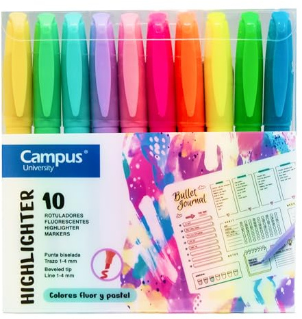 Campus – Subrayadores Fluorescentes, Lápiz marcador con Punta Biselada, Pack de 10 Highlighter Pen de Colores Neón y Pastel, Rotuladores Resaltadores de Base al Agua (Pack de 10 Neón y Pastel)