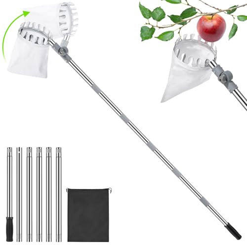 Fruit Picker with Telescopic Pole, 2.6M Apple Picker, Fruit Picker Tool with Lightweight Connecting Poles and Fabric Bag, Fruit Grabber Easy to Assemble (2.6M)
