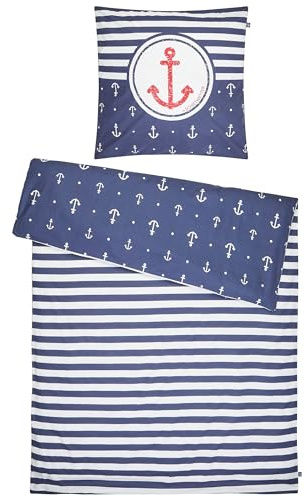 SCHIETWETTER Sonstiges Bettwäsche Anker & Streifen 135x200, 2teilig Bettbezug, Kissenbezug, Bettwäsche-Set, maritimer Wendebezug, 100% Baumwolle Navy OS