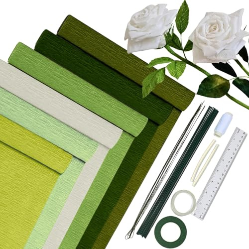 Kreppapper 6-pack Färgat, 6 rullar 25 x 200 cm Kreppapper med övergångsgrön färg med 15 blomstång, floristband, dubbelsidigt tejp, linjal, sytråd, kreppapper för blomsterhantverk (Gröna serien)