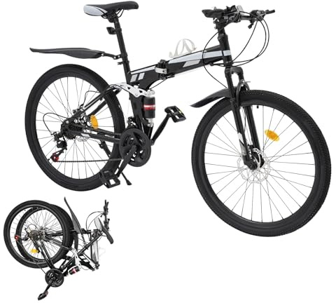 Fridgestea 26 Inch Folding Mountain Bike, 21 Speed Full Suspension MTB Bicycle with Dual Disc Brakes, Height Adjustable for Adults Men Women Cycling Enthusiasts (Black & White)