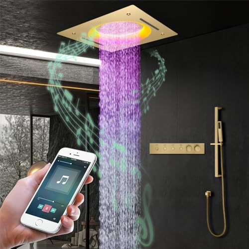 Colonna Doccia,Set doccia Oro spazzolato,Sistema Doccia Termostatica,550×550 mm soffione doccia quadrato,3 modalità doccia,Con luce LED e musica,Con doccetta e Asta doccia regolabile
