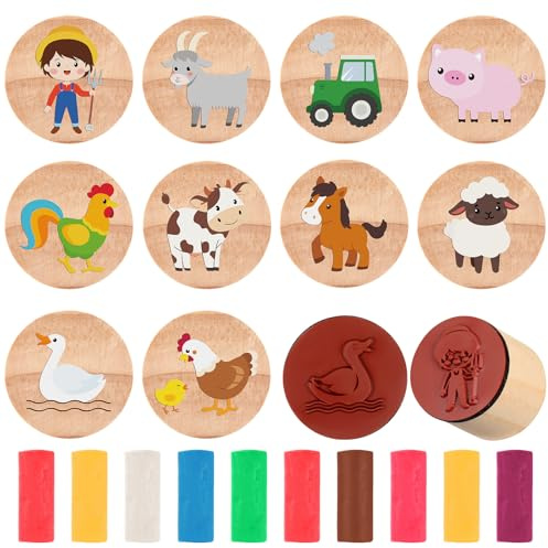 Tenare Juego de 10 Sellos de Madera y Plastilina Contener 10 Sellos de Animales de Madera para Niños y 10 Plastilina Multicolor para Obsequios Regalos de Cumpleaños(Patio de Granja)