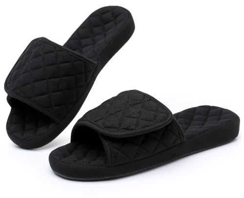 MISSRAIN Women’s Diabetic Arch Support Slippers, Open Toe Adjustable Slip-on House Shoes, Rubber Sole Flat Slippers for Indoor Outdoor (Black, Adult, Women, 7, Numeric, UK Footwear Size System, Wide)