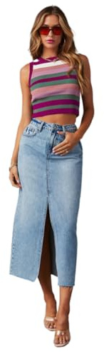 SUIUOI Dam A-linje jeanskjol hög midja jeanskjol med slits elegant lång jeanskjol med elastiskt midjeband, Ljusblå, M