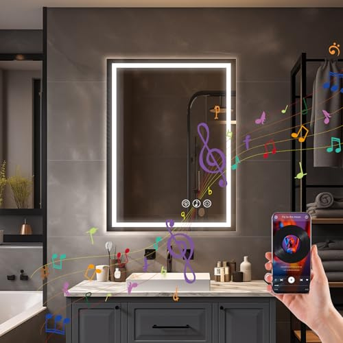 Simusi 60x80cm Specchio Bagno con Luce LED e Bluetooth, Specchio da Parete Antideflagrante con Luminosità Regolabile，3 Colori Luce, IP44 impermeabile, vetro temperato, Orizzontale/Verticale
