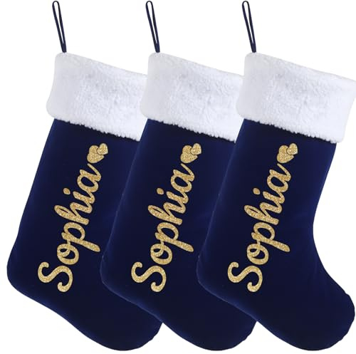 Sleeleece Personalised Christmas Stockings with Name,18 Inches Large Blue Christmas Stocking Velvet Cuffs,Traditional Fireplace Hanging Xmas Stockings Personalised for Family Decor Gifts