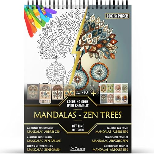 In Textu – Mandalas - Árboles Zen – Libro de Colorear para Adultos y Adolescentes con Ejemplos Coloreados Inspiradores – Papel Premium 200 g/m² – Encuadernación de Espiral Fina – Cuaderno de Colorear