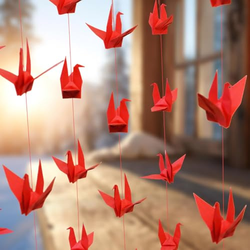 XUOIAYNB Red Paper Crane Hanging Garlands, Handmade Origami Birds Streamers(5.2ftx3strings), Bridal Shower, Baby Shower,Ceiling Decor, Birthday Party Supplies