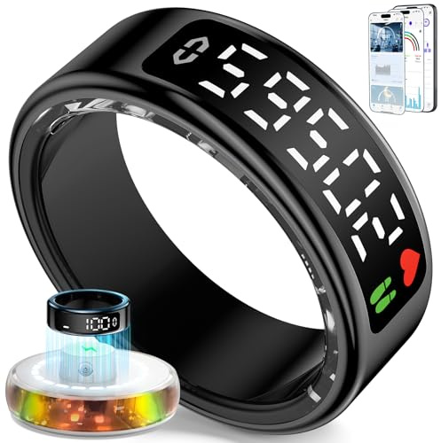 Anillo Inteligente para Hombre Mujer, 2026 Smart Ring con Pantalla LED, IP68 Impermeable, Fitness Ring Tracker para Monitorear Pulsómetro/SpO2/HRV/Sueño, Compatible con iOS y Android