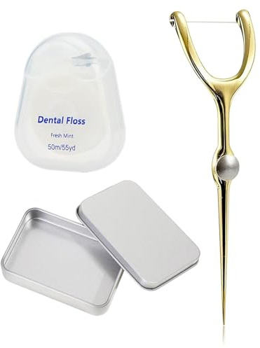 DAFNE 1 juego palillos de hilo dental de metal y púas de hilo dental,kit de soporte hilo dental reutilizable con funda portátil,herramienta de hilo dental para el cuidado bucal para viajes(oro)