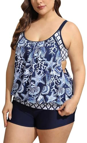 Costume Tankini Donna Costumi Taglie Forti Top a Canotta da Donna + Set Bikini/Corallo/Modello Tankini Taglie Forti Vestiti da Mare Costume Intero Curvy (Dark Blue, XXXL)