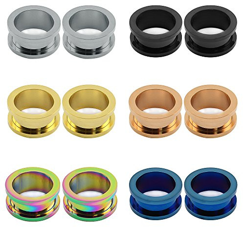 ZeSen Jewelry 6 paires Tunnels vis en acier inoxydable Fit Plugs chair Expander Jauges Ear Brancard de perçage (2) Jauge = 1g (7 mm)