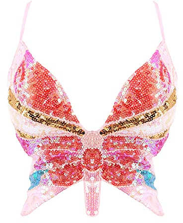 Mocure Women's Sparkly Butterfly Sequin Crop Top - Sexy Sleeveless Halter Rave Vest for Belly Dance Outfits