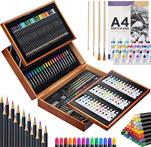 MIAOKE 174 TLG Malset, Malkoffer für Kinder, Hochwertiger Malkoffer aus Holz mit 2 Skizzenbuch, 12ml Acrylfarben, Buntstifte, Wachsmalstifte, Marker, HB-Stifte, Pinsel (31,5 x 45,5 x 10 cm)