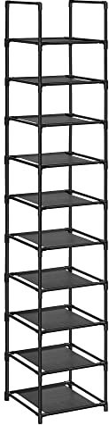 SONGMICS Schuhregal,10 Ebenen, Schuhablage, Schuhaufbewahrung, schmal, 33 x 33 x 173 cm, Metallgestell, Ablagen aus Vliesstoff, für Flur, Schlafzimmer, schwarz LSR110B02