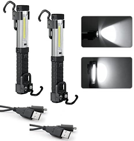 Wiederaufladbare LED USB Arbeitsleuchte mit 2 Haken und Magnet - COB + XPE Taschenlampe Werkstattlampe Inspektionsleuchte für Auto Reparatur, Werkstatt, Camping - Licht Reichweite ca. 300m (2er Set)
