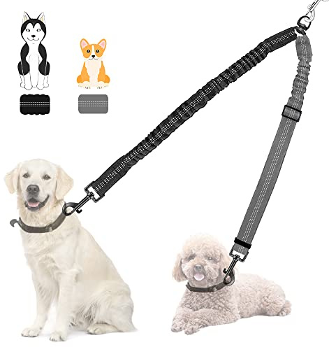 Nasjac Dubbel hundkoppel, inget trassel delat bly för promenader 2 husdjurshundar, justerbar reflekterande säkerhet stötdämpande bungee-ledare splitter för träning dubbel hund, medelstora och stora raser