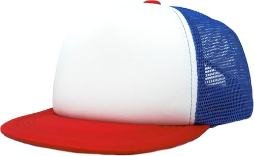 Funky Junque Toddler Trucker Hat Kids Snapback Mesh Cap Flat Brim Adjustable Boys Girls 2-9 Years Red/White/Royal Blue