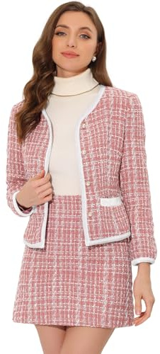 Allegra K Women Business Suit Set Plaid Tweed Jacket Crop Blazer Mini Skirt
